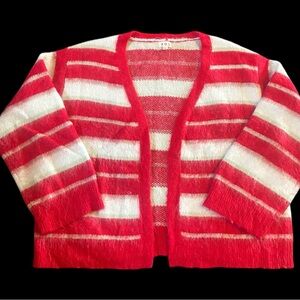 POL Red & Cream Striped Open-Front Cardigan
